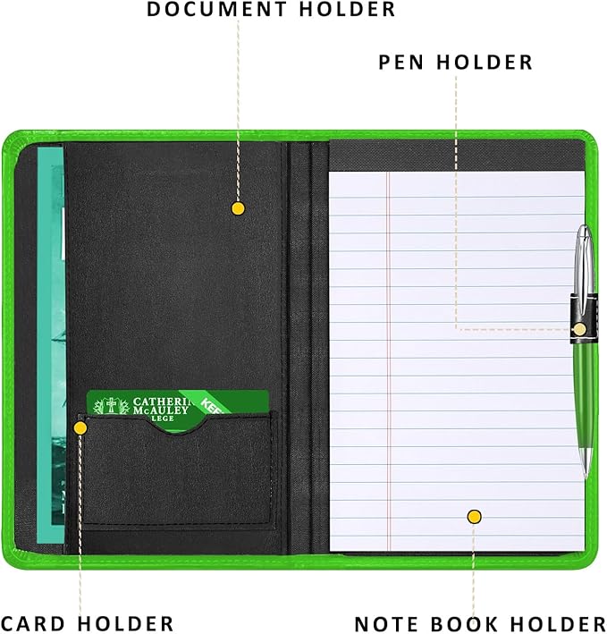 Padfolio Binder A5 Document Organizer with Refillable Lined Notepad, Junior Size Folder Portfolio for Men Women,Green