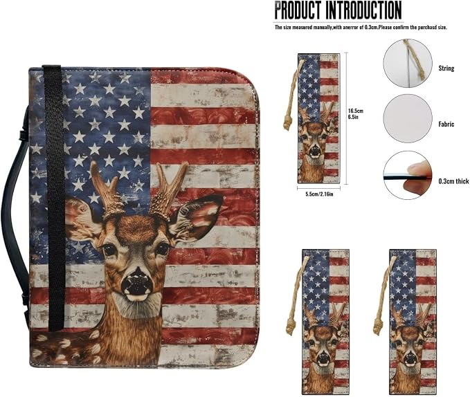 Lotusorchid Bible Cover Leather Case for Women, American Flag Deer Carrying Case With 2 Book Marks, Blue and Red, Size 2XL