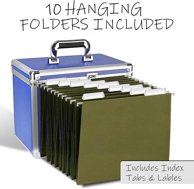 File Storage Cabinet for Letter Size Hanging File Folders, Suspension File Holder, Document Organizer Filing Lockbox in Office and Home with Combination Lock and 10-pack Hanging Files (Blue, Letter)