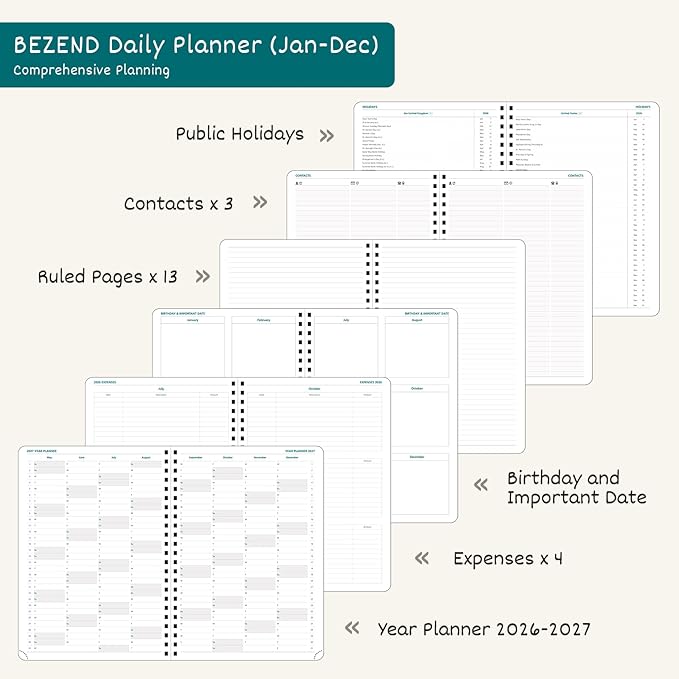 BEZEND Daily Appointment Book 2026 Page per Day Even Weekends (Large-8.25" x 11.75") 15-Minute Timeslots in 4 Columns, Monthly Planner with Tabs & Week Schedule, PU Leather Softcover in Mint Green