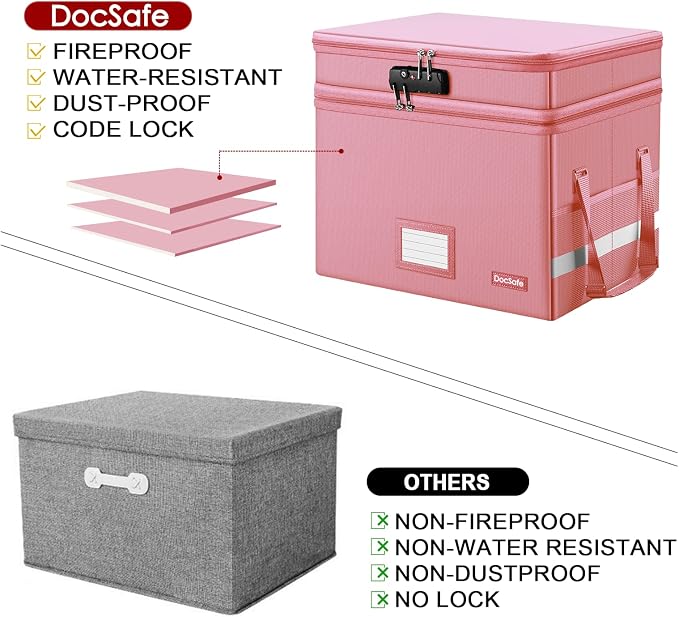 DocSafe File Box with Lock,Multi-Layer Fireproof Document Box Collapsible File Storage Organizer with Pockets/Handle,Large Portable Home Office Filing Safe for Hanging Letter/Legal Size Folders,Pink