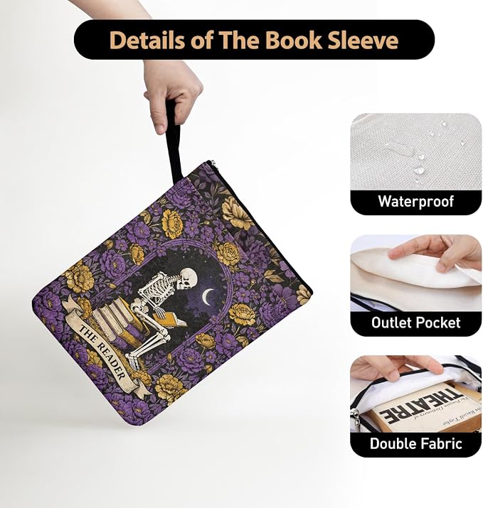 Gothic Skull Purple Garden Book Sleeve Pouch for Women Book Lovers, Fantasy Novel Reader Gifts for Reader Writer, Tarot Book Covers for Paperbacks with Handle, Reading Accessories for Student