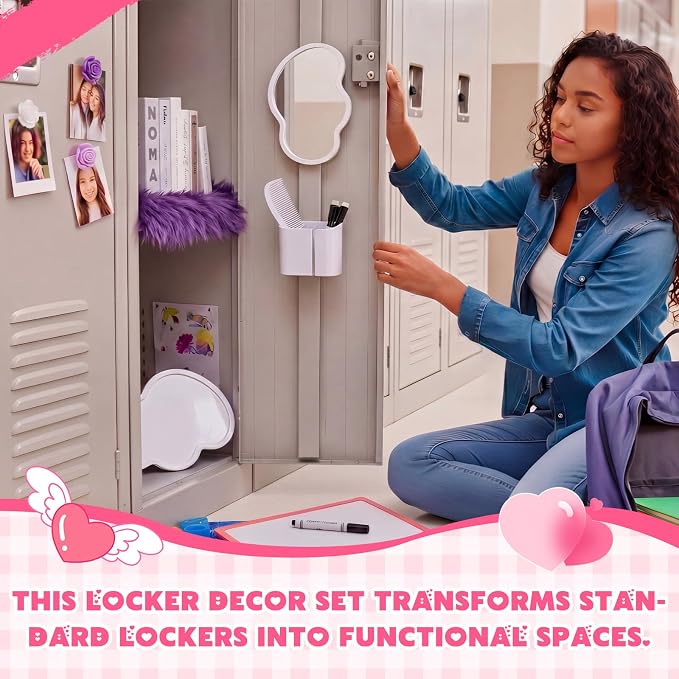 Sabary 10 Pcs Locker Accessories Kit Locker Decorations Supplies Including Magnetic Whiteboard Mirror Organizer Markers Rug Cute Flower Magnets and Comb for Office Back to School Essentials(Purple)