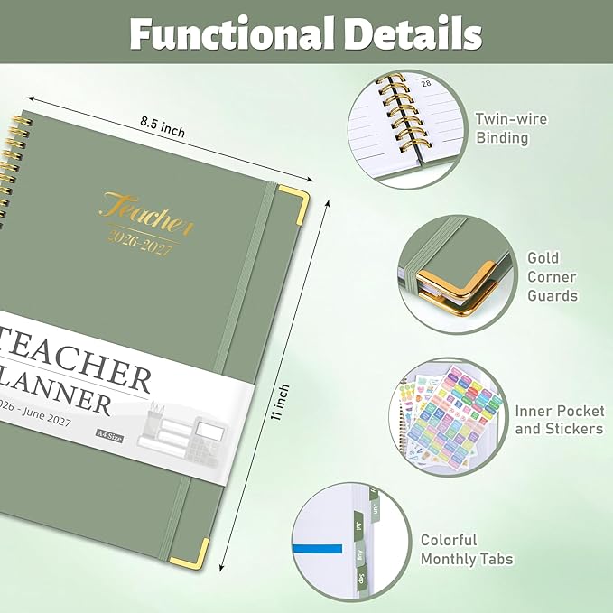Teacher Planner 2026-2027, Jul 2026-Jun 2027 Academic Year, 8.5" x 11" Lesson Planner Book for Teachers Calendar, Spiral Bound Planners, Colorful Monthly Tabs, Hardcover, Corner Protectors - Green