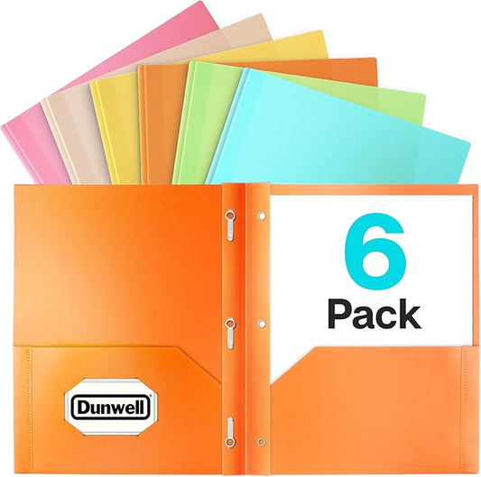 Dunwell Pastel Folders with Prongs (6 Pack), Aesthetic Back to School Supplies, 2 Pocket 3-Prong Color-Coded Plastic Folders for School, Labels Included