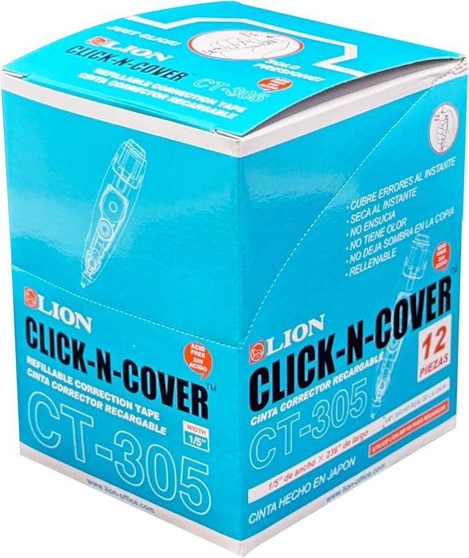 LION CLICK-N-COVER Refillable Correction Tape, Retractable Tip, 1/5" wide and 236" long, Acid-Free, Economy Box, Box of 12 (CT-305-12B)