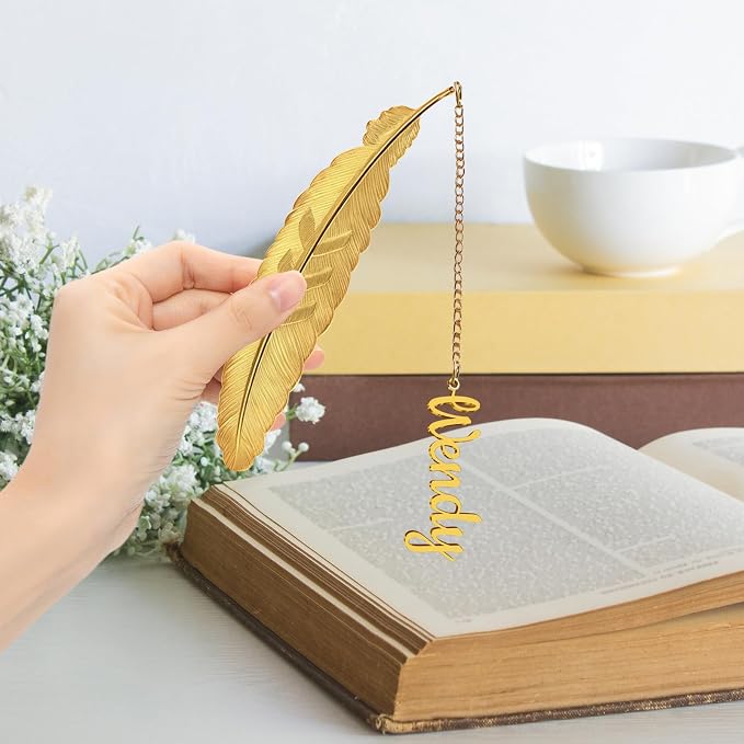 Custom Feather Bookmark Personalized Metal Bookmark with Name Pendant, Gold Silver Customized Gift for Bookworms, Teachers, Women Includes Gift Box