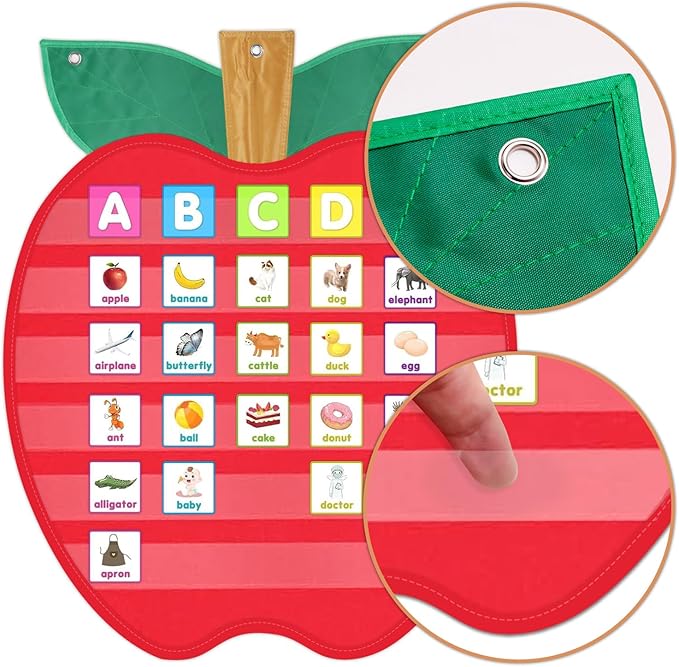 Large Pocket Chart for Classroom, 27 ½＂x 33 ⅞" Apple Shaped Hanging Pocket Charts for Kids, Back to School Supplies for Teacher, Pocket Charts with 6 Sentence Strips Holder (Red)