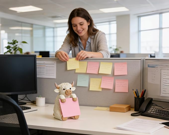 Highland Cow Pop-Up Sticky Note Dispenser with 100 Sheets 3 x 3 Inch Notes, Handmade Resin Highland Cow Desk Decor for Office, Home & Classroom, Gift for Teachers & Coworkers - Beige
