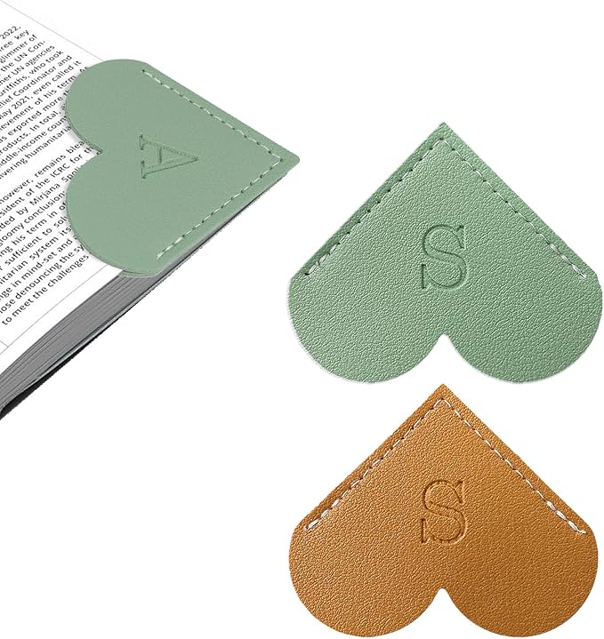 2Pcs Personalized Leather Heart Bookmark with Initial, 26 Letters Custom Corner Page Book Mark for Reading Women, Book Lovers, Teachers, Students, Cute Book Accessories Gifts(Green+Light Brown, S)