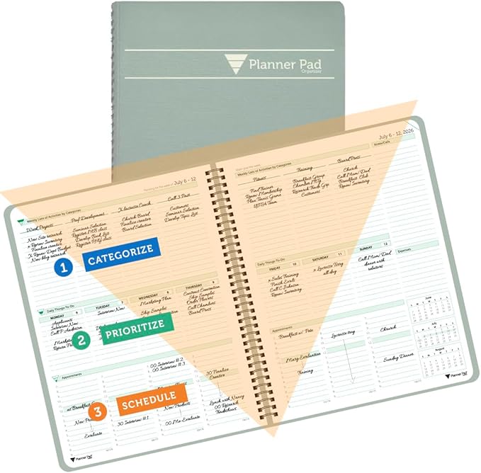 Planner Pad Spiral Bound July 2026 – June 2027 / Academic Year 8 1/2" x 11" 3-Tier Funnel Down 12 Month Large Size Organizer, Greenish Grey Cover/Soft Green Ink