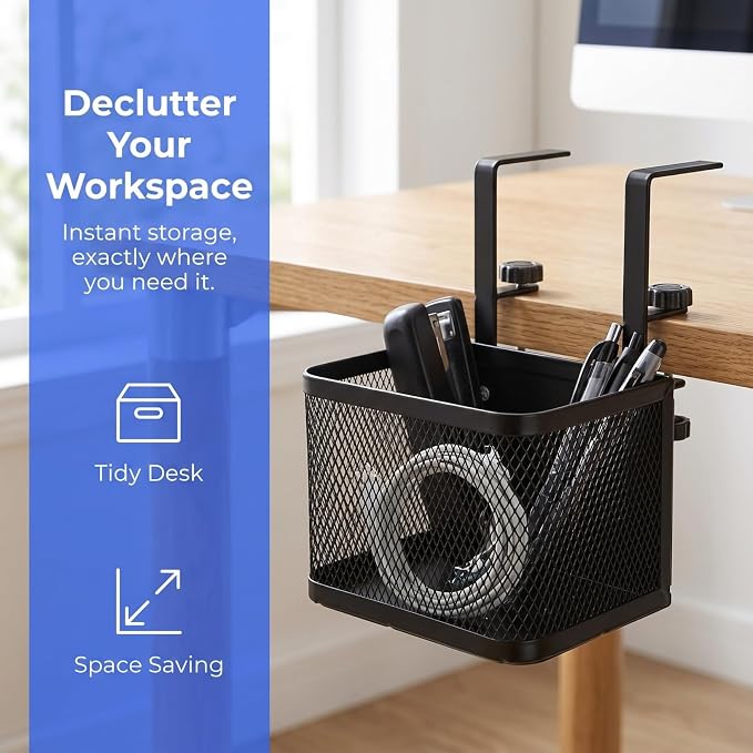 SHINEOFI Clamp Under Desk Storage Organizer Mesh Basket with Clamp for Tidy Desk Cord Management and File Organization for Office Use and Space Saving