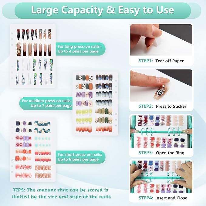 KEIFIN Press On Nail Storage Organizer Binder with 8 Insert Pages - A5 Size Reusable Fake Nail Swatch Collecting Book Polish Color Display Holder Container with Tape and Zipper Pocket (CYAN)