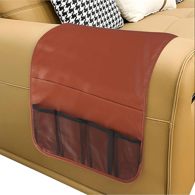 IPENNY No-Slip PU Leather Sofa Armrest Organizer, Remote Control Holder Arm Chair Beside Storage Bag for Recliner with 5 Pockets (Brown)
