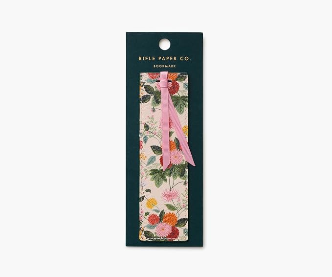 RIFLE PAPER CO. Dahlia Bookmark, 1.75" W x 6" L, Vintage-Inspired Floral Design, Saffiano Polyurethane, Pink Grosgrain Ribbon, Gold Foil Logo, Wipe-Clean