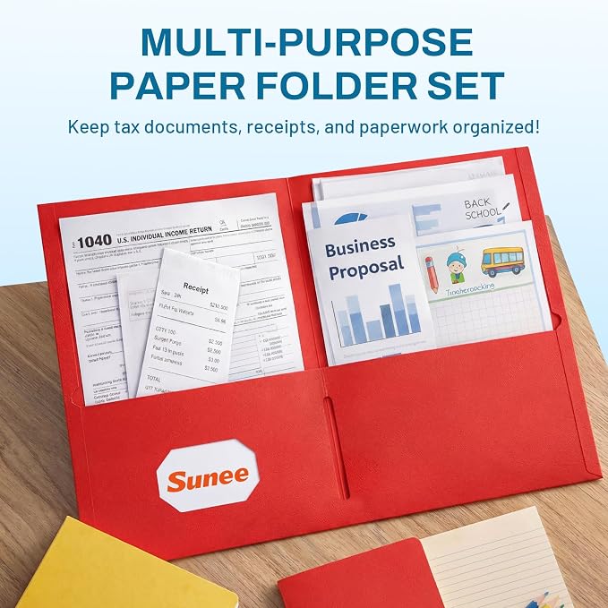 SUNEE Folders with Pockets(125 Pack, Assorted Colors), 2 Pocket Folders Fit Letter Size Paper, Paper File Folder for School Office Home Bussiness