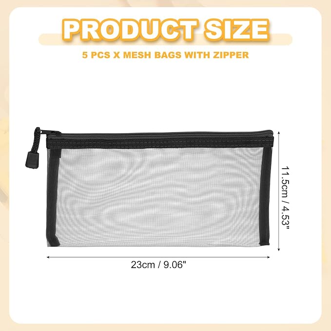 PATIKIL B6 Mesh Zipper Pouch Bags, 5 PCS Mesh Bags with Zipper Plastic Storage Pocket for Organizing File Beads Office Home Supplies, 11.5x23cm, Black