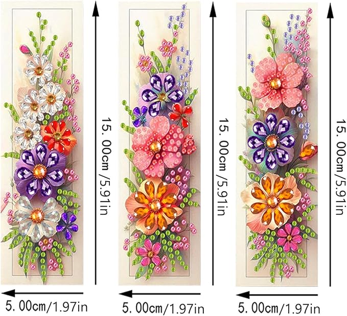 ARTopet 3Pcs DIY Diamond Art Painting Bookmarks with Colorful Butterfly Pendant PET Bookmark Ornament Double Sided Pattern Single Sided Diamond Book Marker Clip Gifts Tags-Flowers07