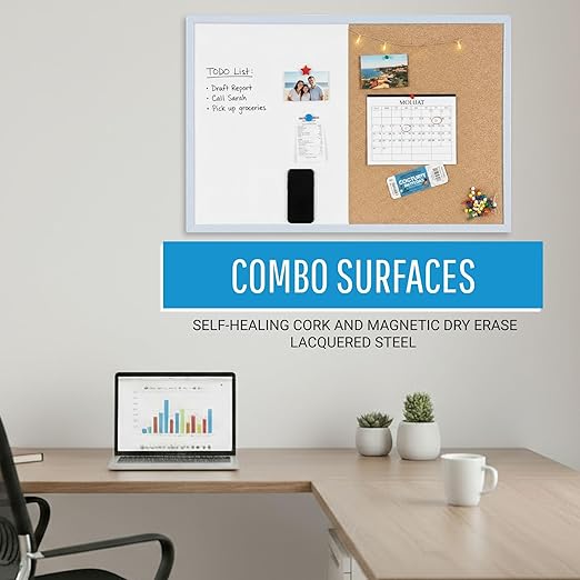 MasterVision Pastel Combo Bulletin and Dry Erase Board, 36" x 24", Blue Frame, Decorative Magnetic Whiteboard and Cork Board, Wall Décor for Home, Office, Dorm, or Classroom