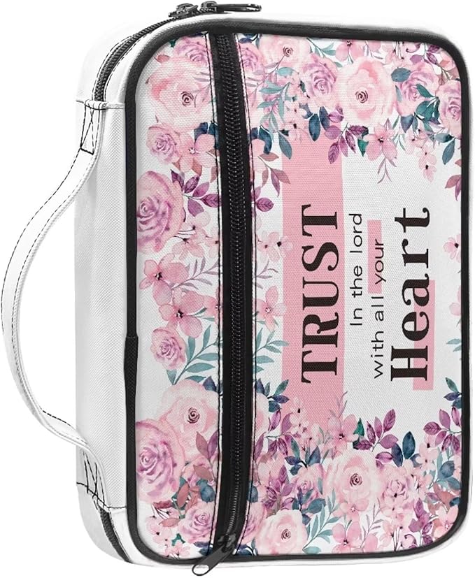 Trust in The Lord with All Your Heart Bible Covers for Women Girls Pink Vintage Flower Floral Pattern Bible Bag Church Scripture Case with Handle and Zippered Pocket Christian Gifts