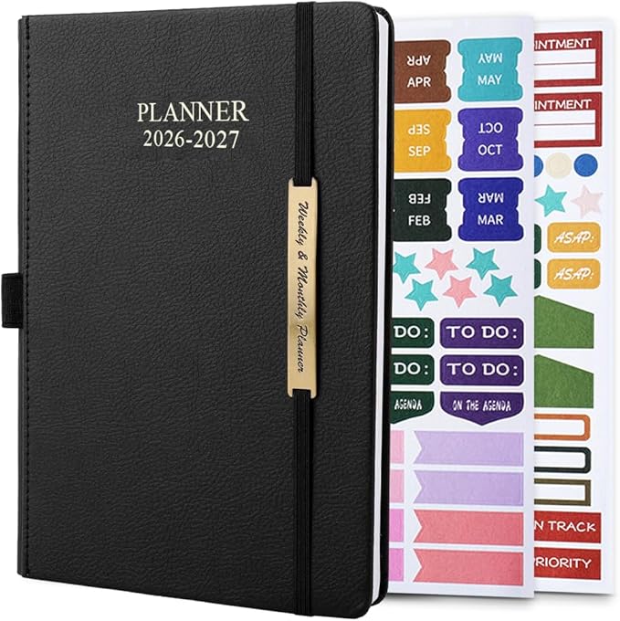 Cheericome Planner 2026-2027, Month Weekly Planner Run JAN 2026 to JUN 2027, 26-27 Planner with Pen Loop, Back Pocket and Stickers, 18 Months Planners, Black Monthly Planners 2026-2027