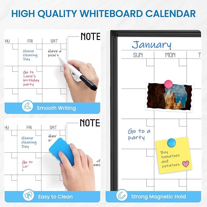 WALGLASS Dry Erase Calendar Whiteboard, 48" x 36" Monthly Large Dry Erase Calendar for Wall, Double-Sided Hanging White Board with Black Aluminum Frame for Home, School, Office, Kitchen