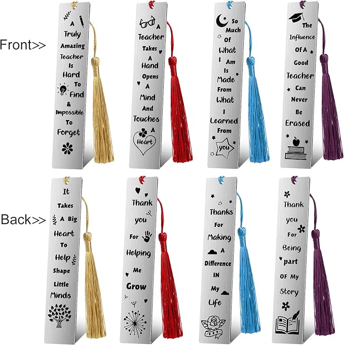 Zonon 4 Pcs Metal Bookmarks End of Year Teacher Gifts Graduation Book Page Marker with Pendants Thank You Gifts for Teacher Appreciation Women Instructor Birthday Reading Lovers Office(Vivid Style)