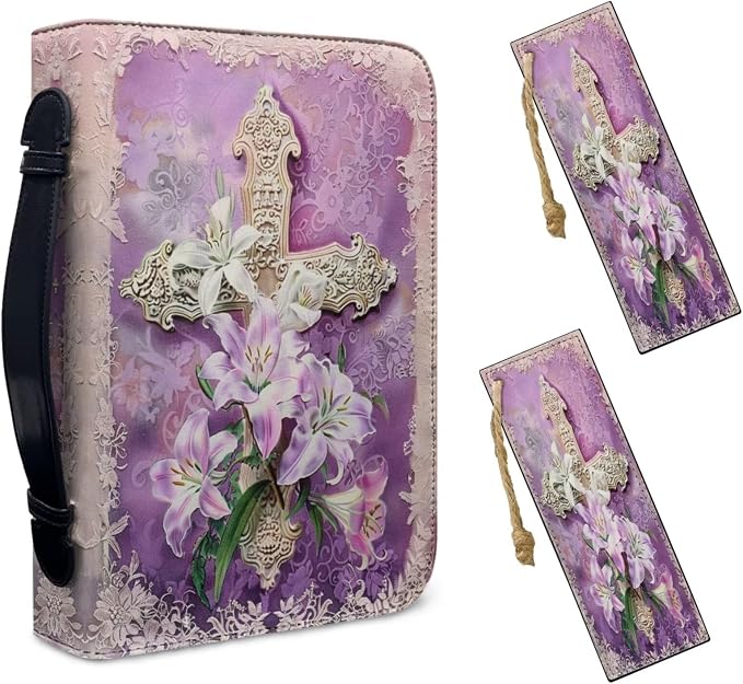 Lotusorchid Cross Lily Bible Cover with 2 Book Marks, Purple 2XL Bible Case and Carrying Bag for Women's Bible Study Accessories