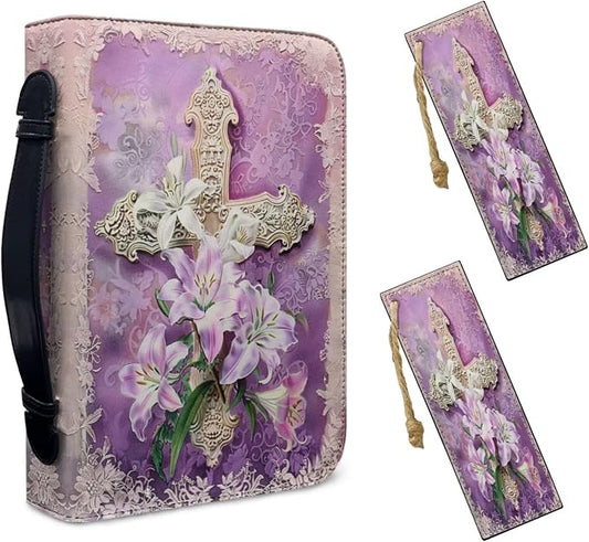Lotusorchid Cross Lily Bible Cover with 2 Book Marks, Purple 2XL Bible Case and Carrying Bag for Women's Bible Study Accessories