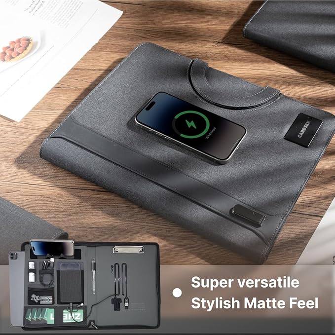 Zipper Padfolio, Portfolio Binder Organizer with 8000mAh Power Bank, Portfolio for Resume, Documents, Phone, Tablet, Business Supplies, Notebook Organizer with Wireless Charging