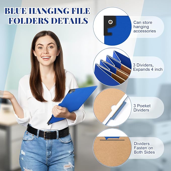 10 Pack Hanging Classification Folders, 3 Pocket Dividers, Letter Size, 8 Fasteners, 4" Expansion, 1/3 Tab Cut, Recycled Pressboard Manila File Folder Bulk Organizer for School Office Medical Law