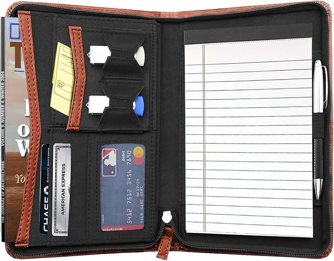 Junior Padfolio/Resume Portfolio Binder with Refillable Lined Notepad, A5 Padfolio Folder, Business Portfolio, Multi-Function Case, A5 Writing Pad Included,Brown.