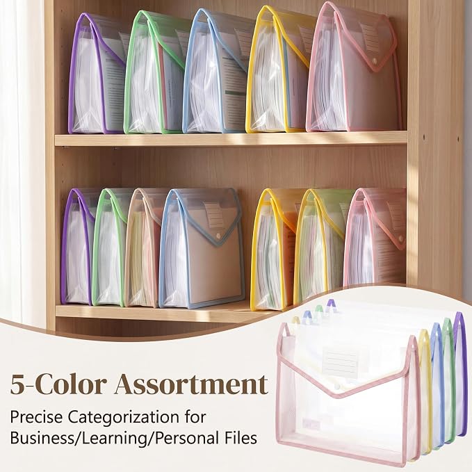 Handepo 50 Pcs Plastic Expanding File Folder Bulk - Transparent Large-Capacity Portable Documents Envelopes with Snap Closure for Office, Business, School - No Dividers (Macaron Colors,A4 Size)