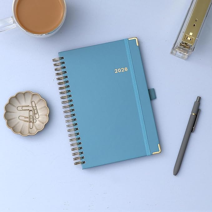Blue Sky 2026 Weekly and Monthly Planner Calendar, January 2026 - December 2026, 5" x 8", Faux Leather Cover, Durable Twin Wire Binding, Storage Pocket, Laminated Tabs, Includes Pen Loop, Bungee, Ruler, Blue Haze