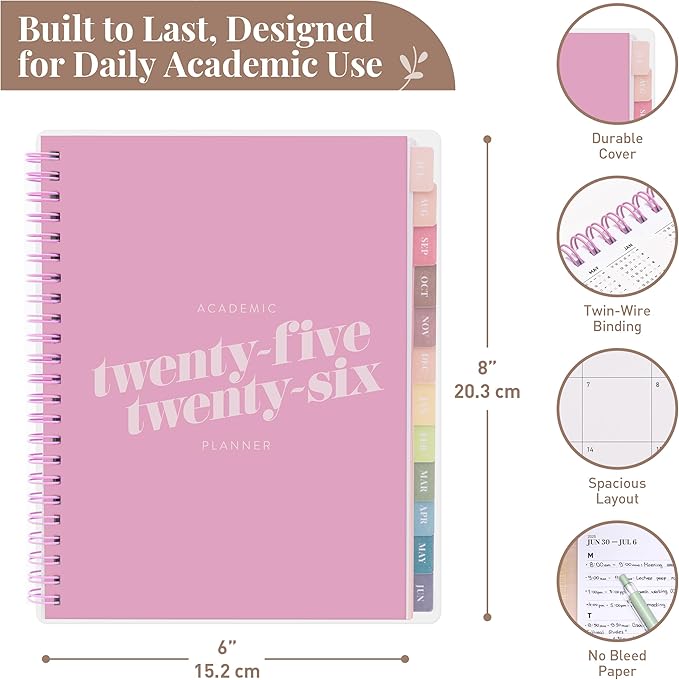 Rileys Academic Planner 2025-2026, Daily, Weekly & Monthly Planner, July 2025 - June 2026, Student Notes Pages, Twin-Wire Binding, Weekly Agenda for School & Work (8 x 6-Inches, Pink, Diagonal)
