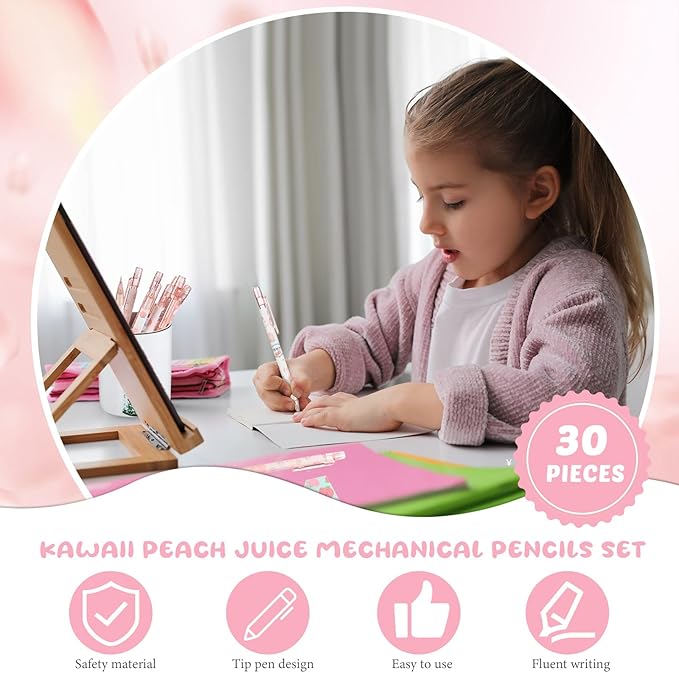 Breling 30 Pcs Kawaii Peach Mechanical Pencil Gift Set 12 Mechanical Japanese Pencils 6 Cute Peach Eraser 12 Tube HB Refill Graduation First Day of School Office Gift(0.7mm)