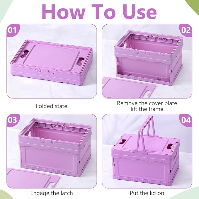 2 Pcs Pastel Plastic Collapsible Storage Crates with Lids and Handle Collapsible Picnic Basket Stackable Storage Bins Cute Foldable Container for Home Kitchen Office Bathroom(Purple)