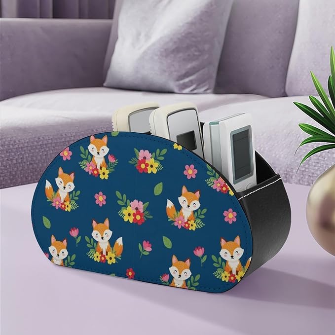 Remote Control Box with 5 Compartments, PU Leather Storage for Media Players, TV Remotes, and Bedside Table, Cute Fox
