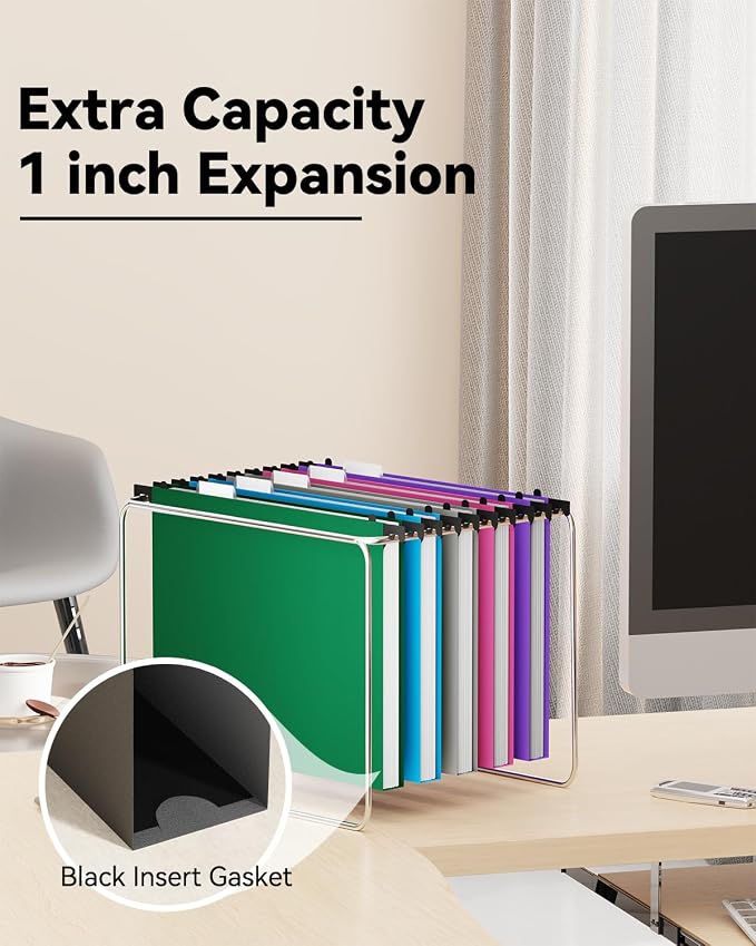 Ansook Letter Size Hanging File Folders,12 Pack Extra Capacity File Folders Hanging with Tabs,Heavy Duty 1 Inch Expandable File Folder Organizer,Plastic Filing Cabinet Folders for Office Home School