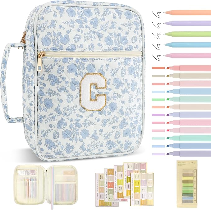 Personalized Initial Bible Cover Case for Women Girls Kid - Large Quilted Bible Case with Handle, Stylish Chenille Letter Bag Study Supplies, Perfect Christmas Gifts for Christians (Blue Flower-C)