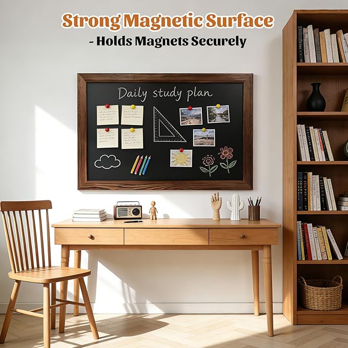 Magnetic Chalkboard for Wall, 24 x 36 Inch Solid Wood Framed Brown Magnetic Board, Wall Mounted Chalk Board for Kitchen, Restaurant, Food Truck and Calendar Board