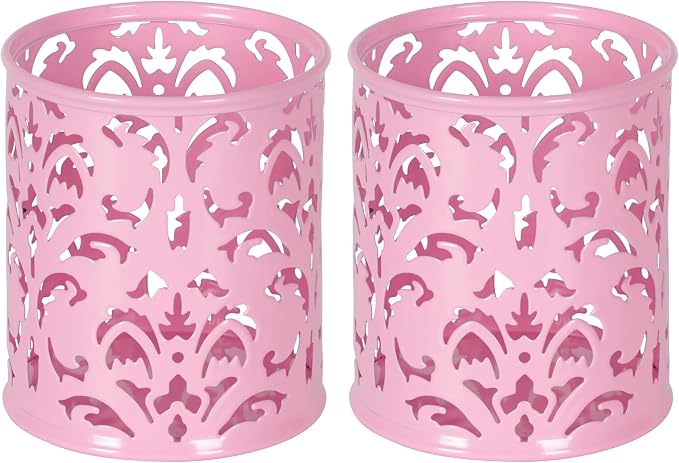 EasyPAG Pink Pen Holder for Desk, 2 Pack Round Pen Organizer, Brush Holder for Vanity, Metal Pencil Cup Organizer for Home, Office, Classroom, School
