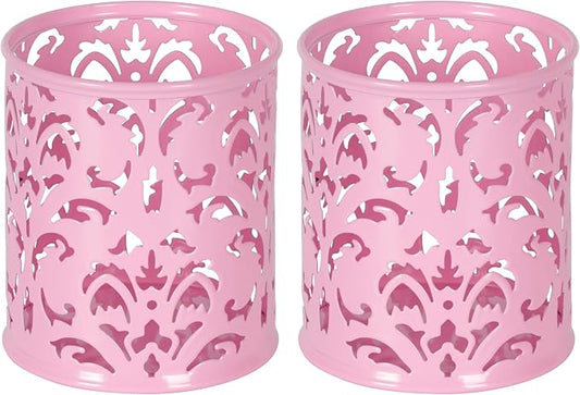 EasyPAG Pink Pen Holder for Desk, 2 Pack Round Pen Organizer, Brush Holder for Vanity, Metal Pencil Cup Organizer for Home, Office, Classroom, School