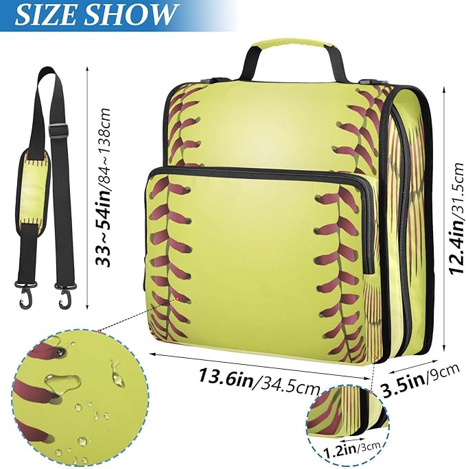 Kcldeci A Closeup Yellow Softball Laces Baseball Zipper Binder，Paper Organizer Organizer 1.5inch 3 Ring Binder Bag Expanding File Folder for School and Office
