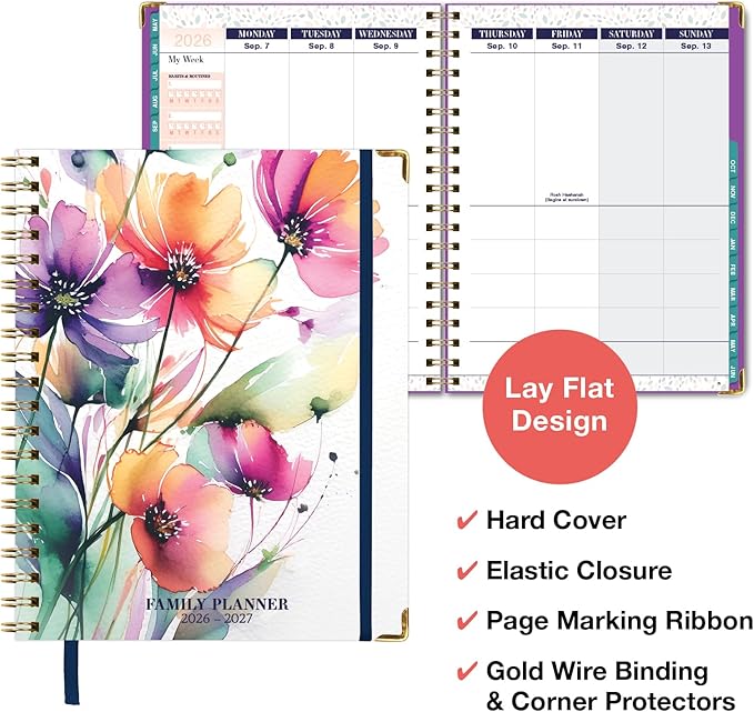 FAMILY PLANNER ORGANIZER – 8.5" x 11" Weekly & Monthly Calendar (May 2026-Jun 2026). 5+ People, Meal Planning, Budgeting, Habit Tracker – Hardcover, Household Schedule Organizer for Parents, Kids, & Caregivers (Rainbow Floral)