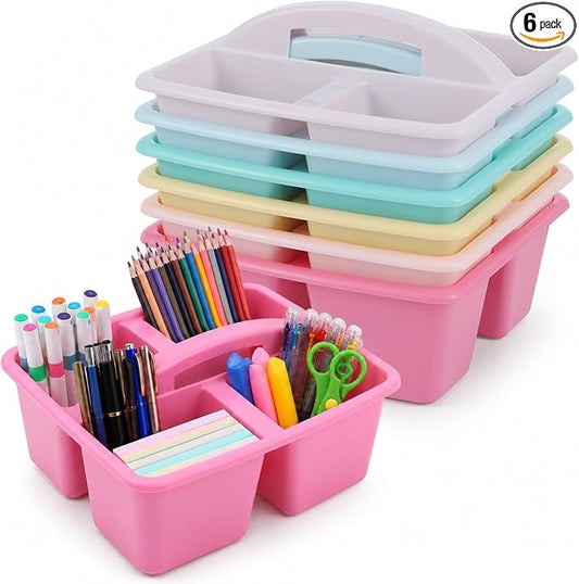 6 Pack Assorted Colors Classrooms Caddy 4 Compartment Classroom Caddy Compartment Caddies Set Table Caddies Classrooms with Handle for Classroom Organization Table Desk Office Supplies(Pink Purple)