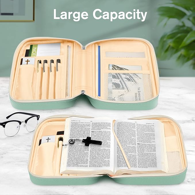 FINPAC Bible Cover, Carrying Book Case Church Bag Bible Protective with Handle and Zippered Pocket, Gift for Mother Lady Women Men, Light Green