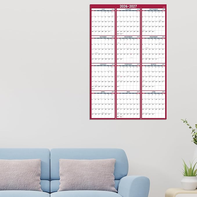 2026-2027 Yearly Wall Calendar - 2026-2027 Calendar, July 2026 - June 2027, 34.4" x 22.8"(Open), Yearly Wall Calendar 26-27, Vertical Layout, Double-Sided Round Stickers, Large Calendar - Red