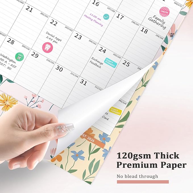 Ospelelf Wall Calendar 2026-2027 with Storage Pocket Monthly Large Planner Pad 17" X 22" with Protective Cover and Stickers for Family Fridge Office Teacher Student January 2026 to June 2027 Ditsy Floral