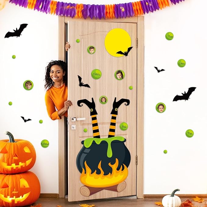 Halloween Bulletin Board Door Decorations Set Halloween Witch Theme Classroom Bulletin Board Magic Jar Green Bubble Bat Paper Cutouts for Witch Party Favors School Home Chalkboard Door Decor Supplies